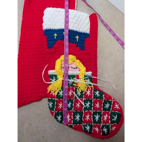 Pair of Vtg Crocheted Kitschy Christmas Stockings Handmade Sleeping Girl Appliqu - Picture 7 of 9